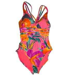 La Blanca Isla Del Sol Pink Floral One Piece Swimsuit Tummy Control Sz 12 (est)